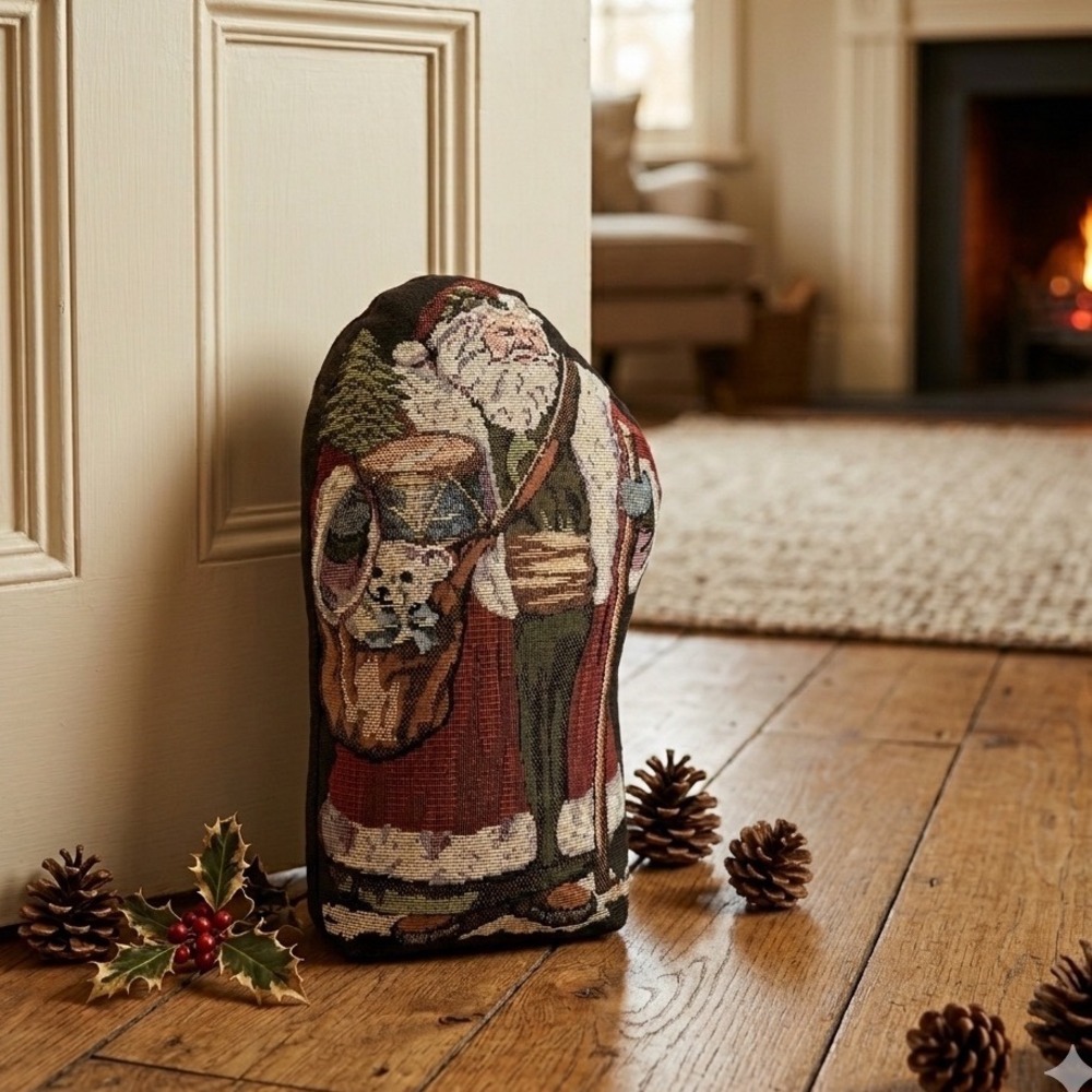 Vintage Manual Woodworkers Weavers Santa Claus Tapestry Doorstop‎ Weighted USA